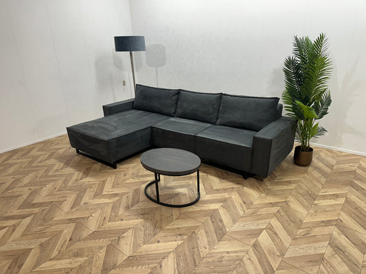 Donker Blauwe Suede Lederen Hoekbank ~ Losse Rugkussens Met Afneembare Hoezen