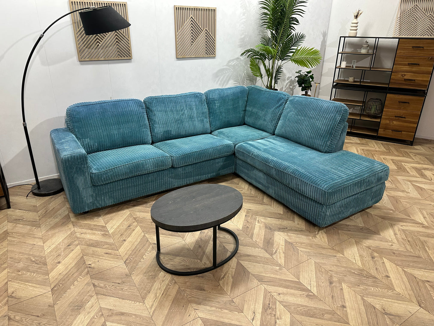 Licht Blauwe Ribstof Hoekbank ~ Losse Kussens Met Afneembare Hoezen