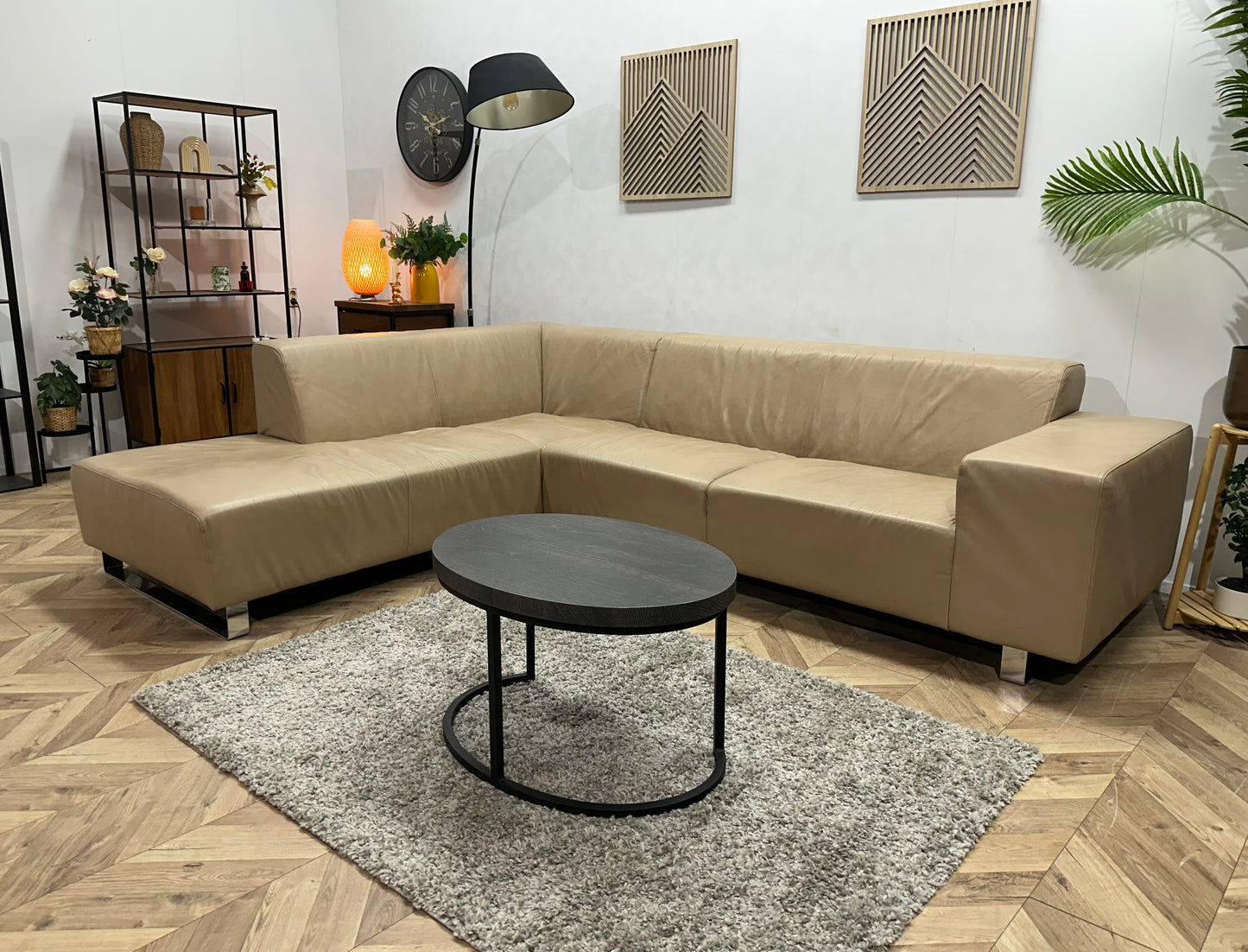 Goossens Crème Echt Lederen Hoekbank ~ Vaste Kussens