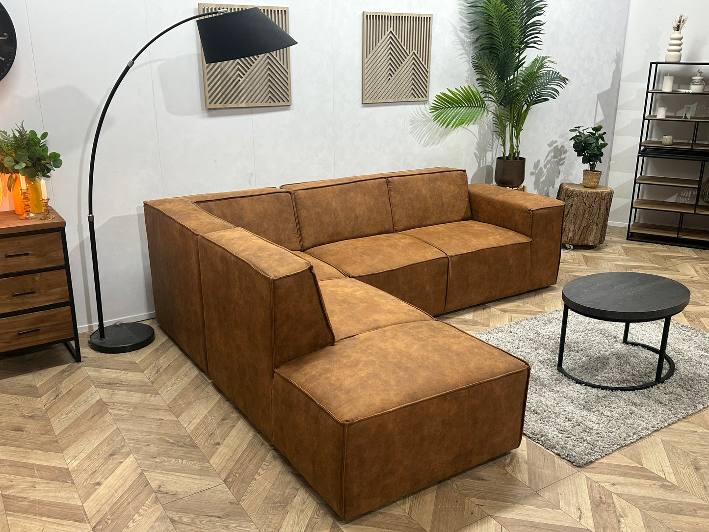 !Showroommodel! Cognac Bruine Suède Stoffen Hoekbank