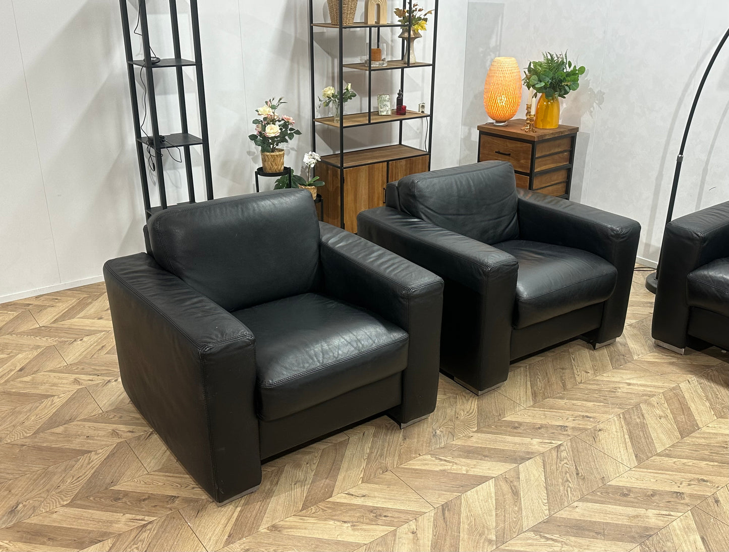 Zwarte Echt Lederen 2.5-Zits Bank Inc Fauteuils ~ Vaste Kussens