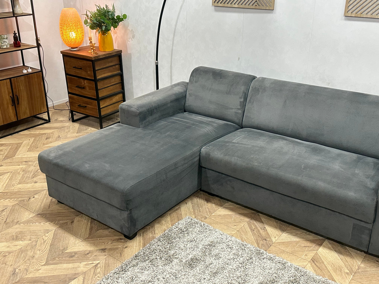 Antraciet Velvet Hoekbank ~ Vaste Kussens