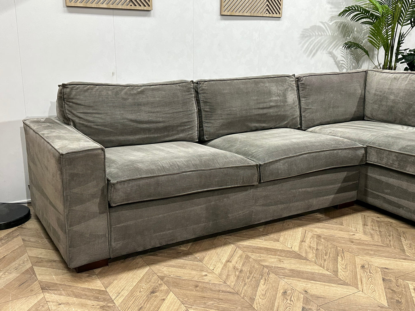 Woood Grijze Ribstof Hoekbank ~ Losse Kussens Met Afneembare Hoezen