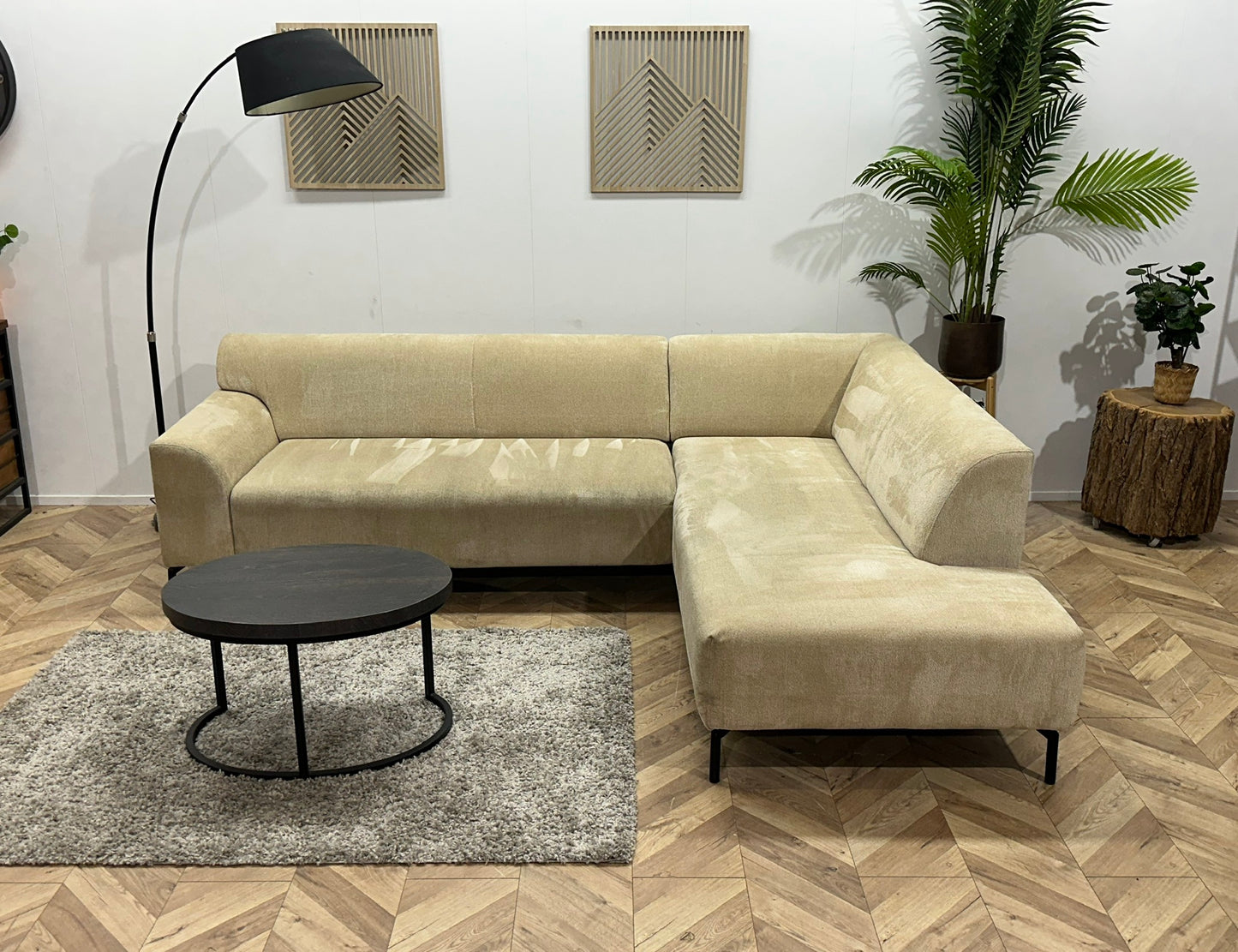 Crème Bouclé Stoffen Hoekbank ~ Vaste Kussens