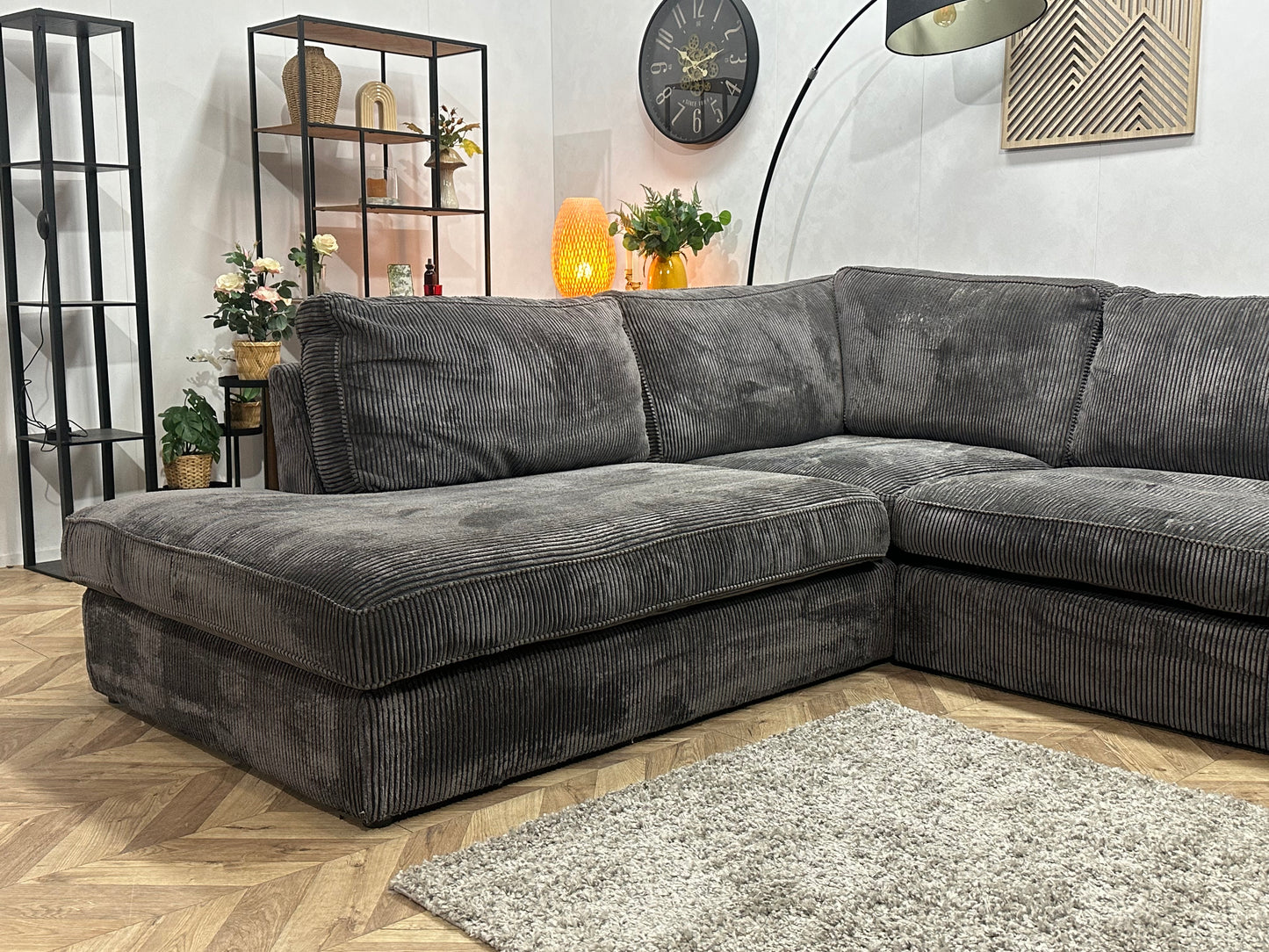 Antraciet Ribstof Hoekbank ~ Losse Kussens Met Afneembare Hoezen