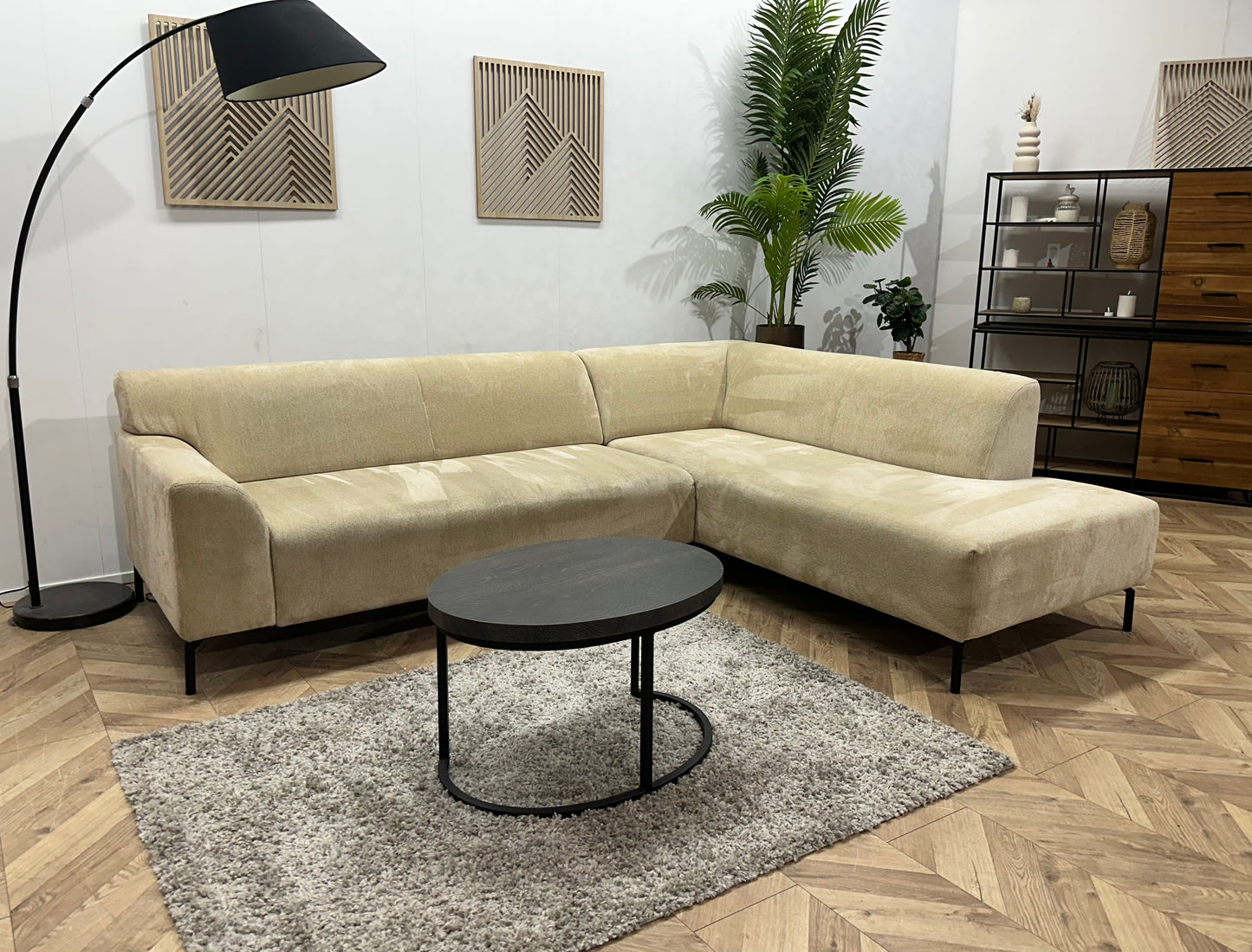 Crème Bouclé Stoffen Hoekbank ~ Vaste Kussens