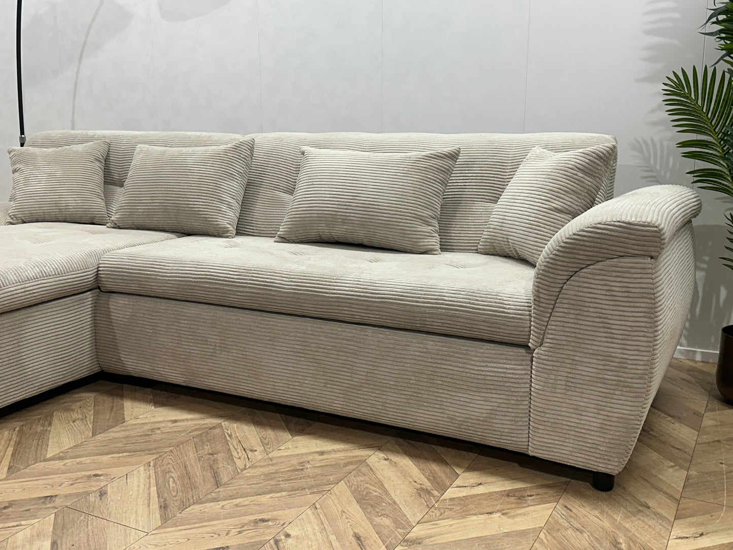 !Showroommodel! Crème Ribstof Hoekbank ~ Slaapfunctie ~ Opbergruimte