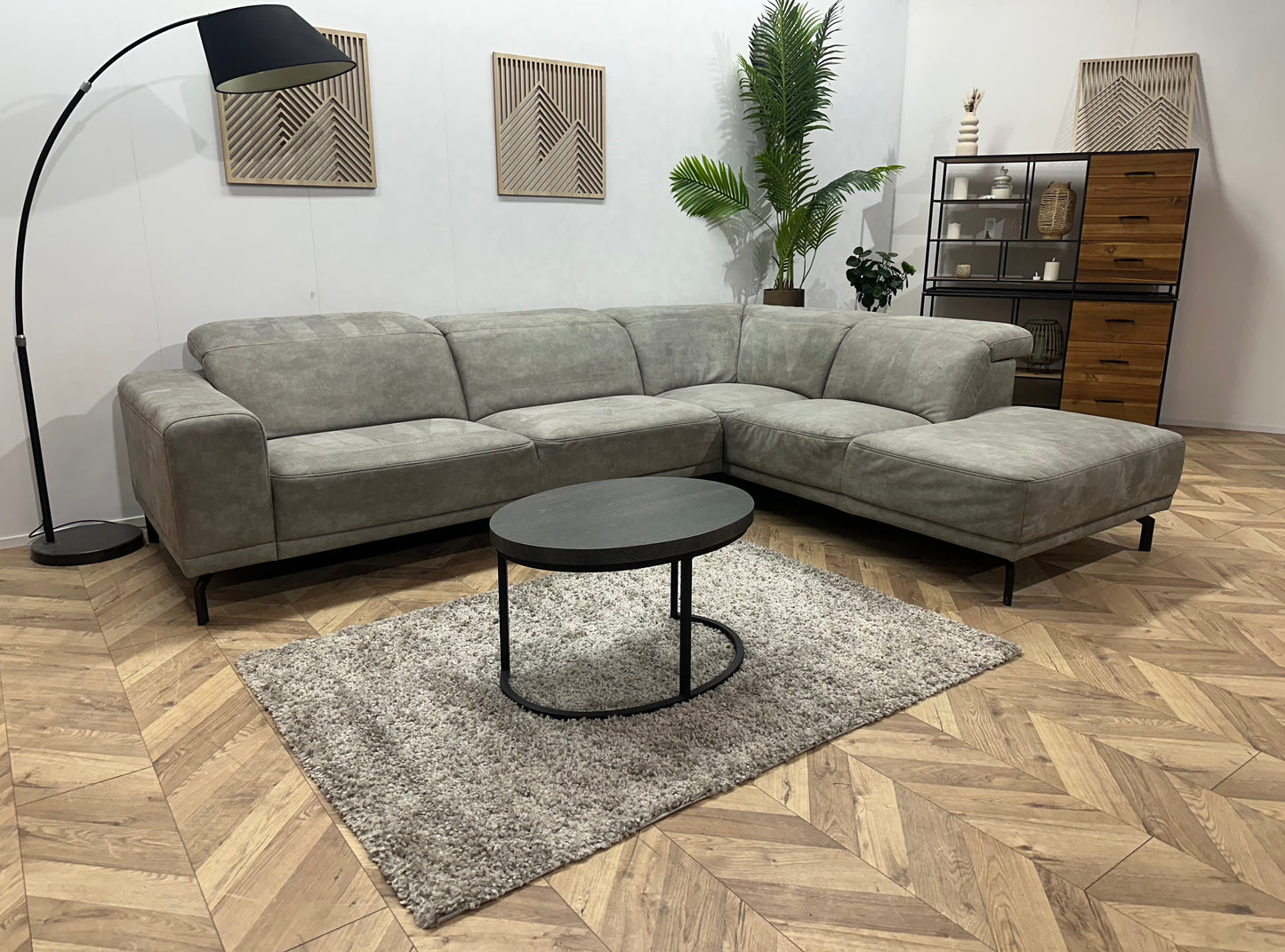 H&H Grijze Suède Stoffen Hoekbank ~ Verstelbare Hoofdsteunen