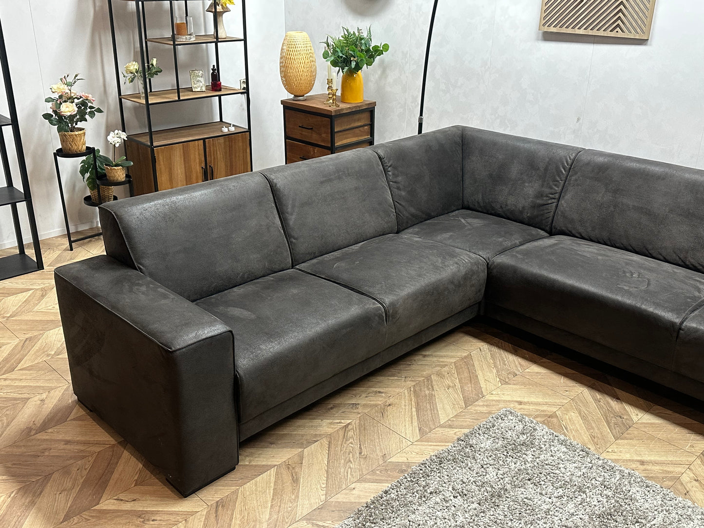 Antraciet Suède Stoffen Hoekbank ~ Vaste Kussens