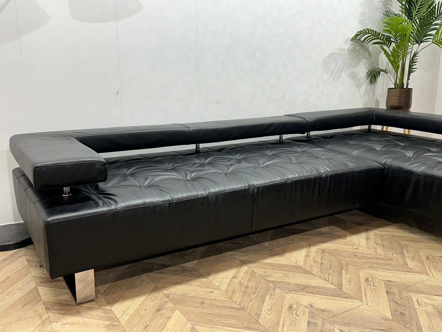 Montèl Zwart Echt Lederen Design Hoekbank ~ Vaste Kussens