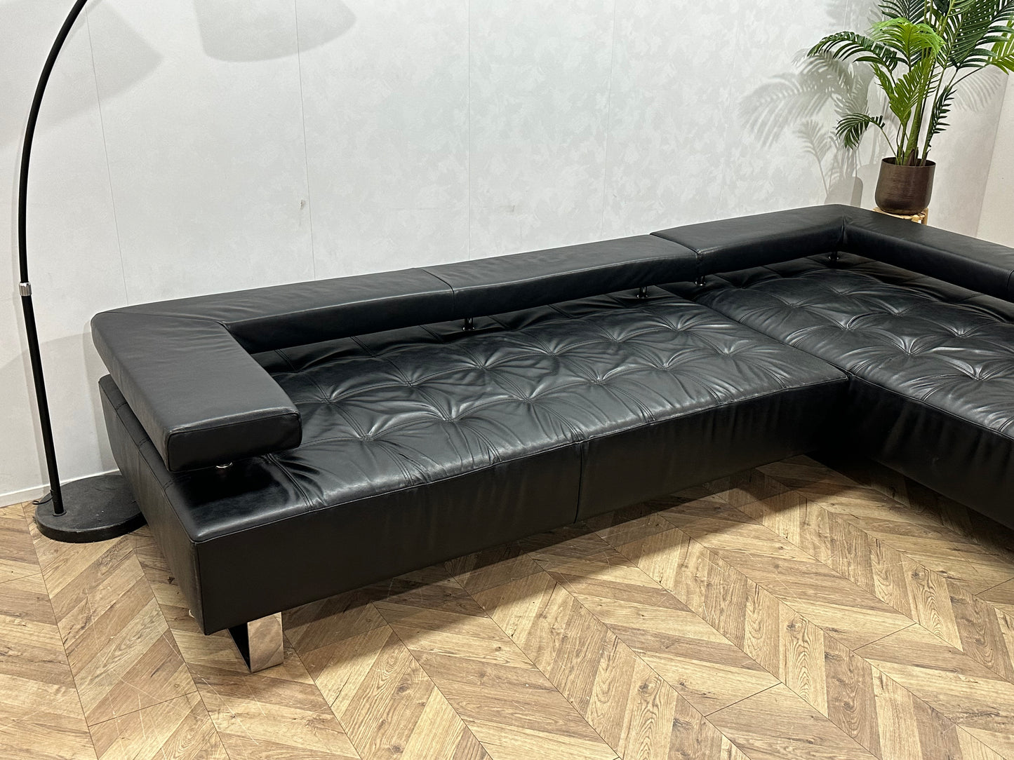 Montèl Zwart Echt Lederen Design Hoekbank ~ Vaste Kussens