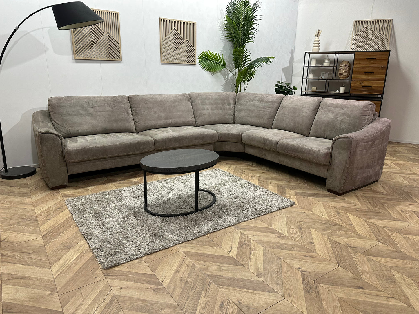 Grijze Suède Stoffen Hoekbank ~ Vaste Kussens