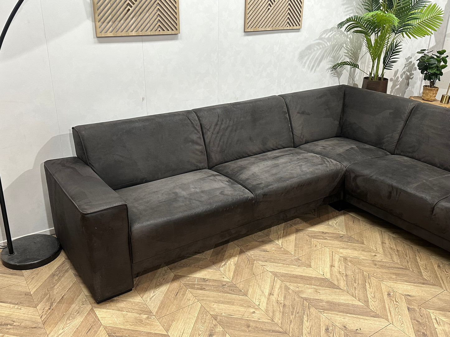!Showroommodel! Antraciet Suède Stoffen Hoekbank ~ Vaste Kussens