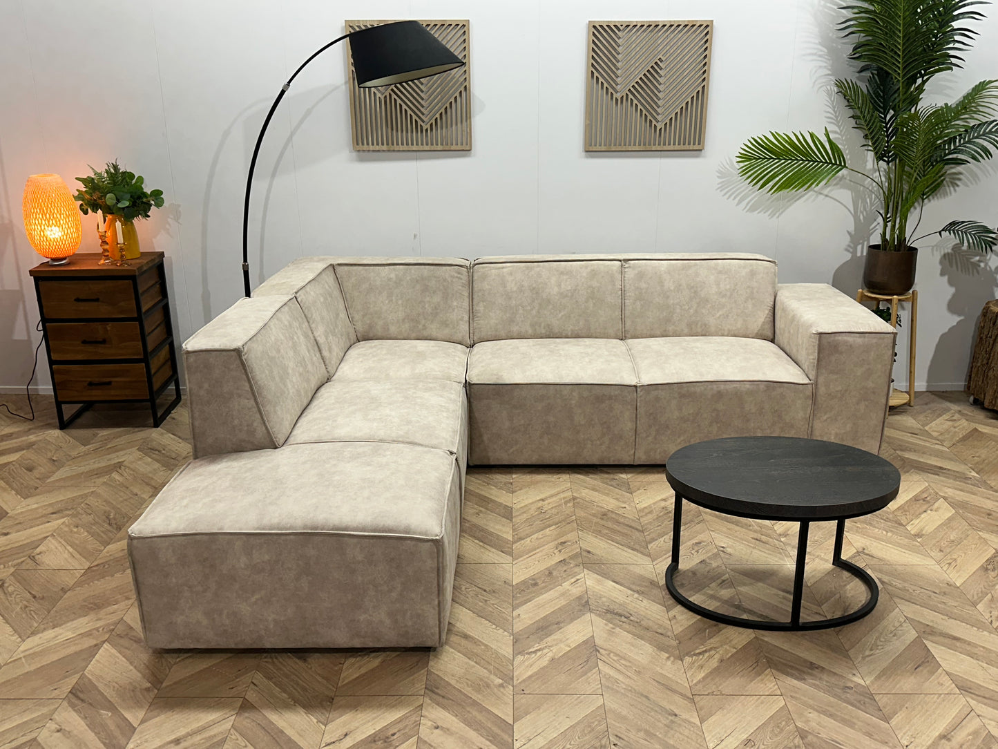 !Showroommodel! Crème Suède Stoffen Hoekbank