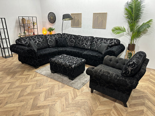 Zwarte Velvet Hoekbank Inc Fauteuil & Hocker ~ Losse Kussens Met Afneembare Hoezen