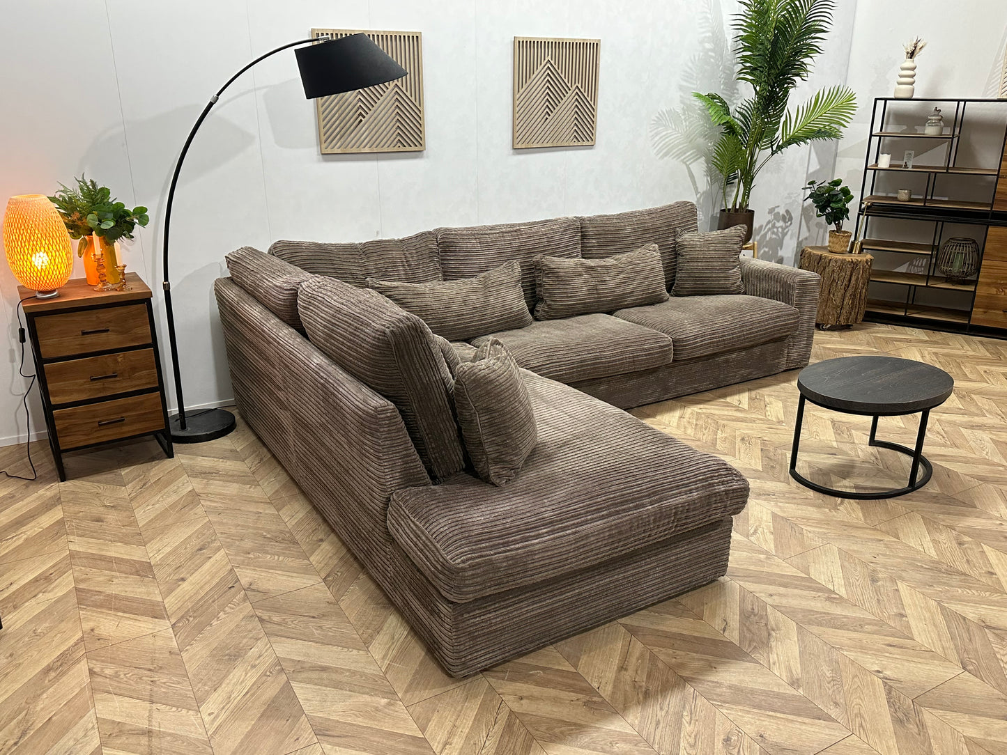 Bruine Ribstof Hoekbank ~ Losse Kussens Met Afneembare Hoezen