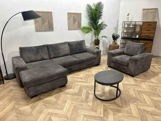 Grijze Ribstof Hoekbank Inc Fauteuil ~ Losse Kussens Met Afneembare Hoezen