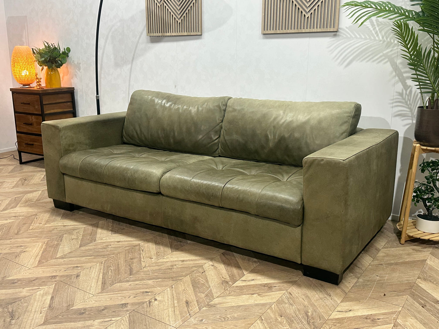 Groene Echt Lederen 2.5-Zits Bank ~ Losse Kussens Met Afneembare Hoezen