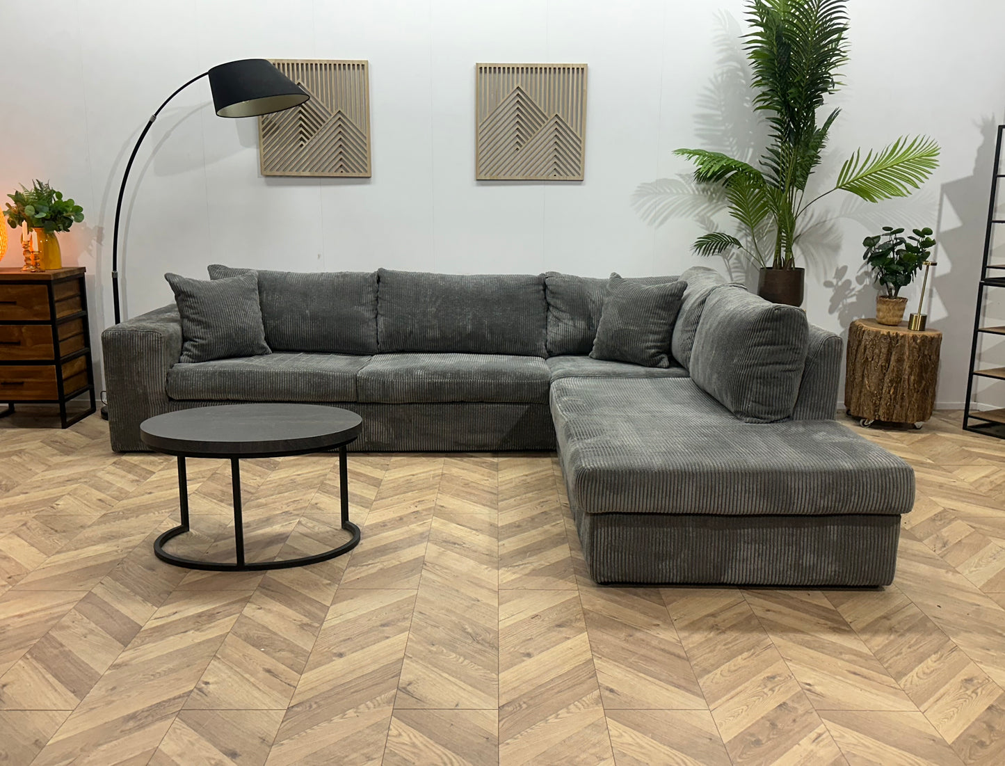 Grijze Ribstof Hoekbank ~ Losse Kussens Met Afneembare Hoezen