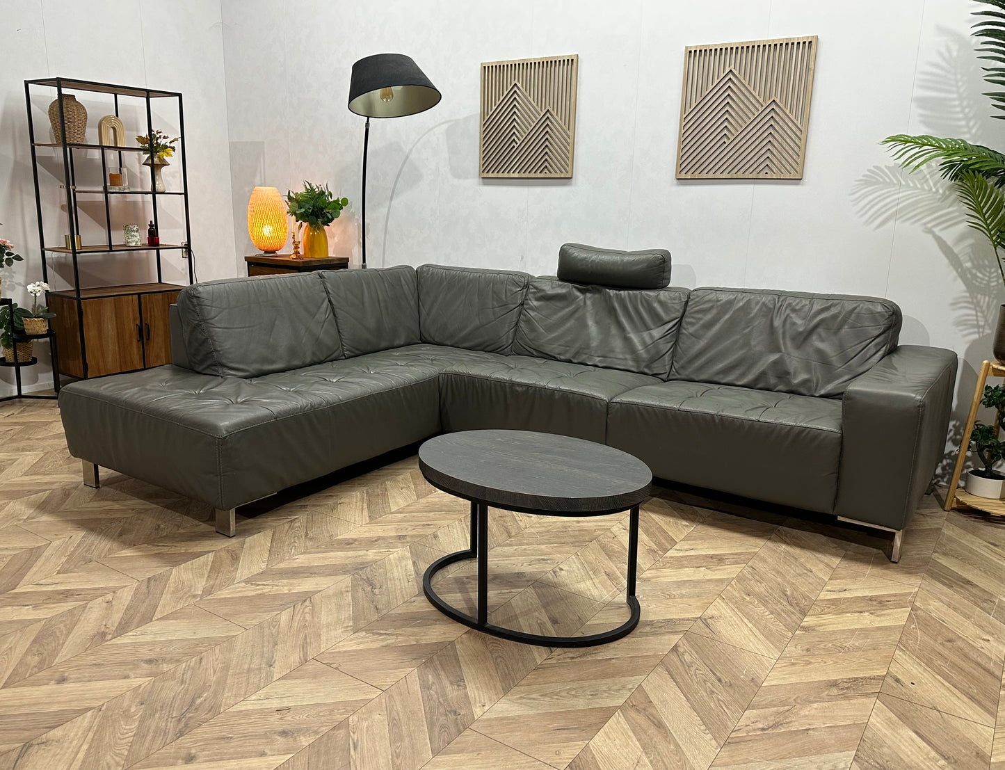 Montèl Grijze Echt Lederen Hoekbank ~ Vaste Kussens