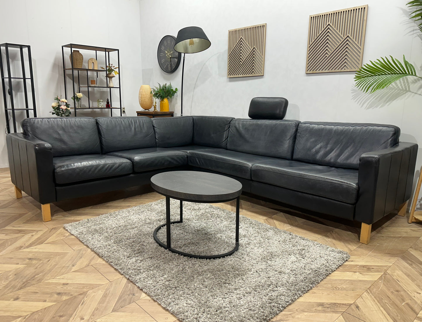 Zwarte Echt Lederen Hoekbank ~ Losse Kussens Met Afneembare Hoezen