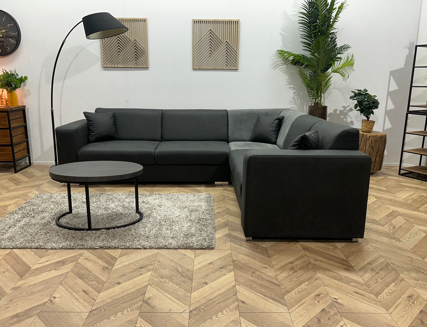 !Showroommodel! Antraciet/Grijze Suède Lederen/Velvet Hoekbank