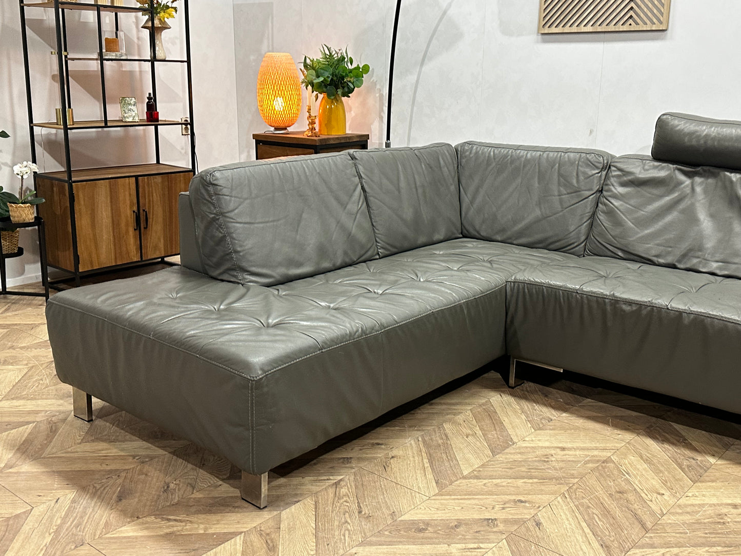 Montèl Grijze Echt Lederen Hoekbank ~ Vaste Kussens