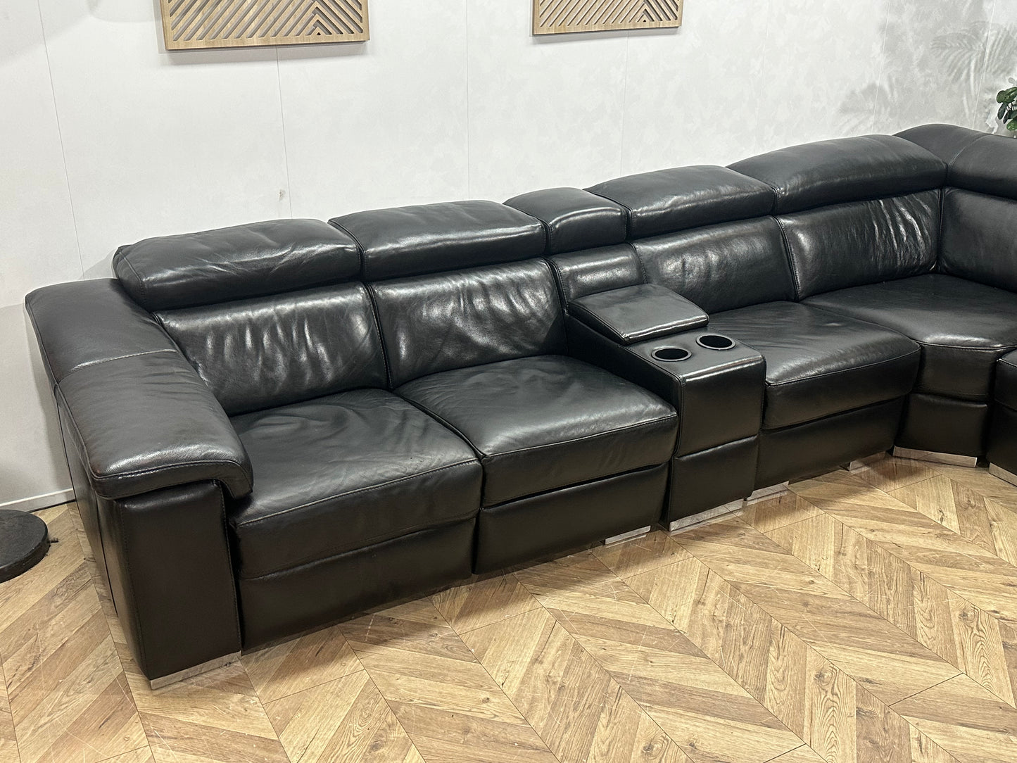 Zwart Echt Lederen Ruime Hoekbank ~ Relaxfunctie ~ Kleine Opbergruimte ~ Verstelbare Hoofdsteunen