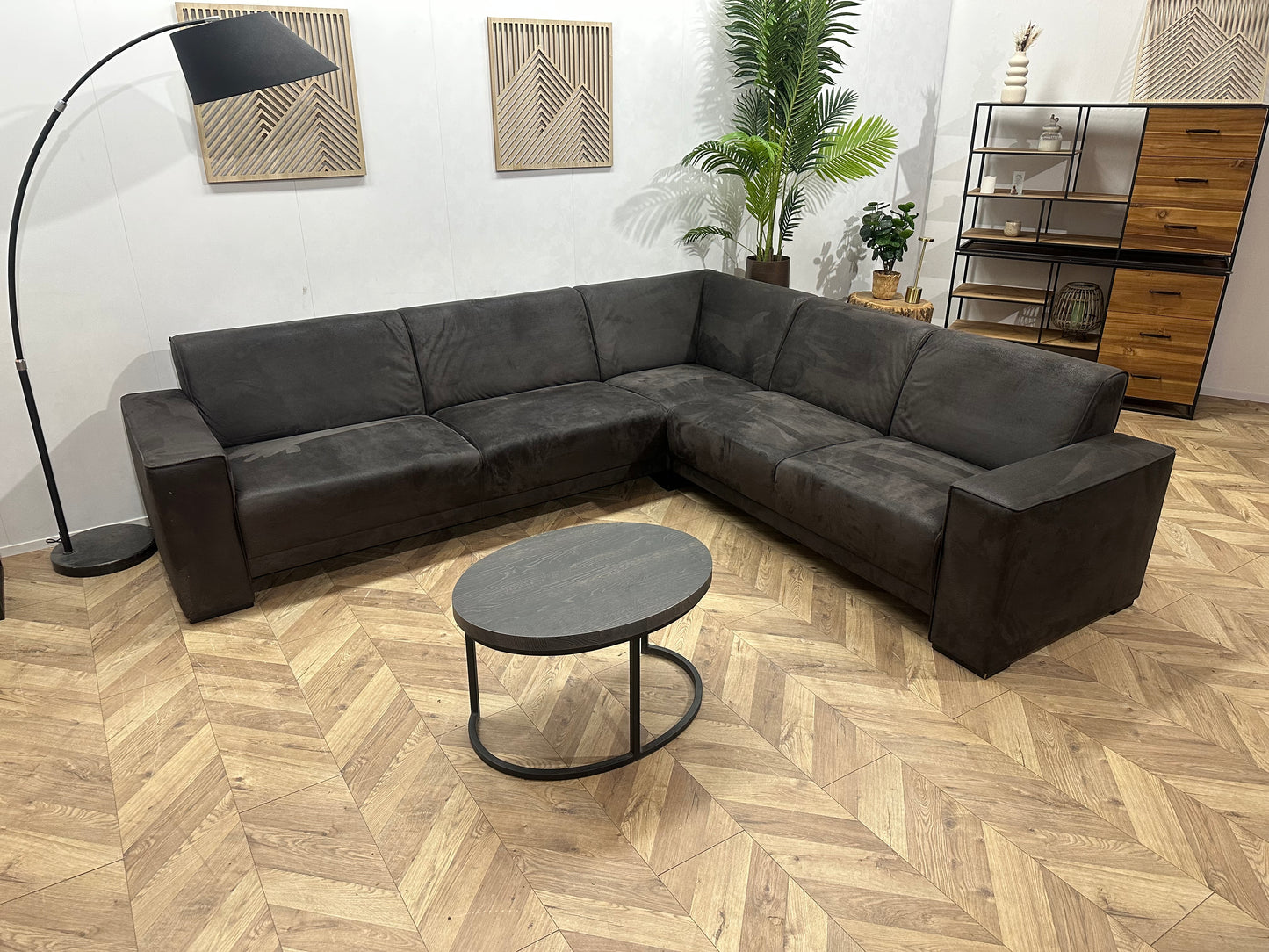 !Showroommodel! Antraciet Suède Stoffen Hoekbank ~ Vaste Kussens