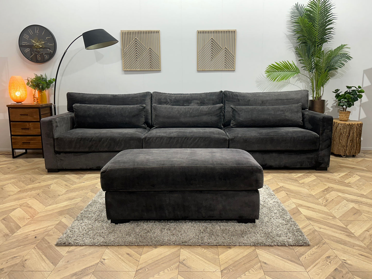 Antraciet Ruime Velvet 3-Zits Bank Inc Hocker ~ Losse Kussens Met Afneembare Hoezen