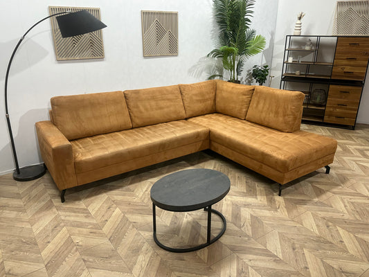 Cognac Bruine Suède Stoffen Hoekbank ~ Losse Rugkussens Met Afneembare Hoezen