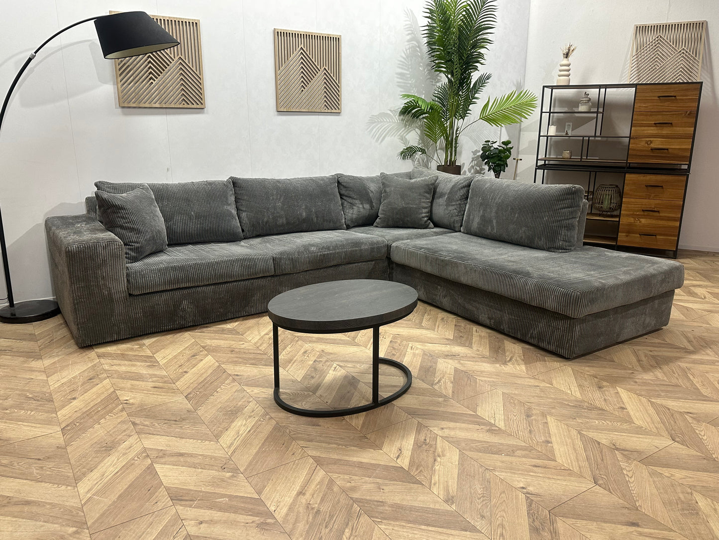 Grijze Ribstof Hoekbank ~ Losse Kussens Met Afneembare Hoezen