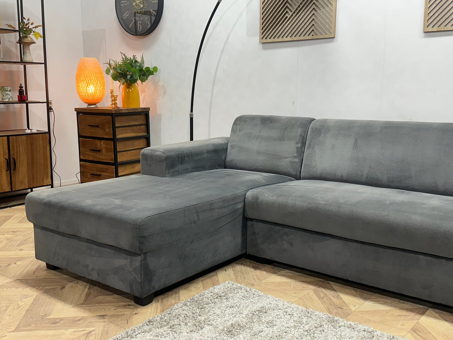 Antraciet Velvet Hoekbank ~ Vaste Kussens