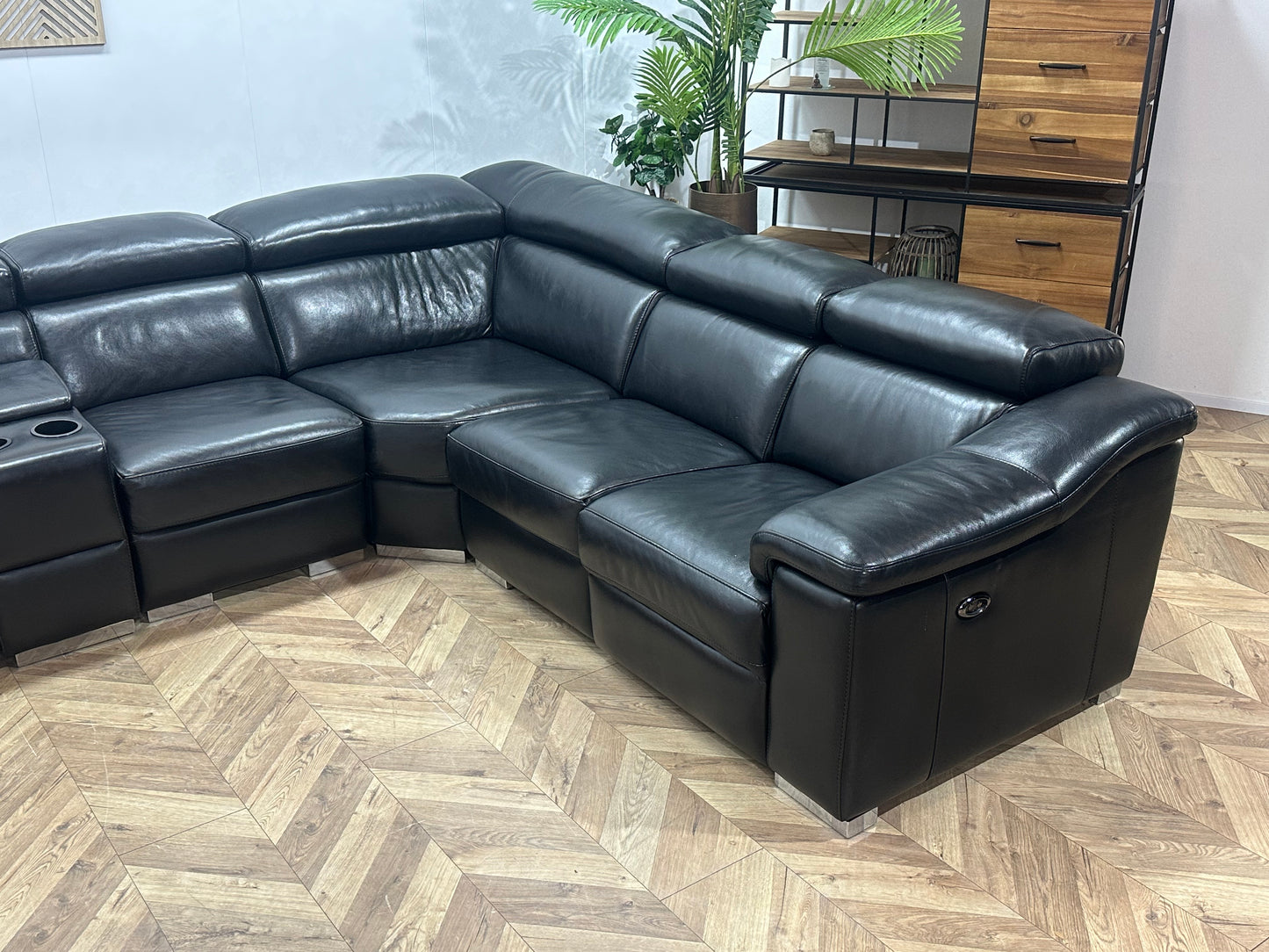 Zwart Echt Lederen Ruime Hoekbank ~ Relaxfunctie ~ Kleine Opbergruimte ~ Verstelbare Hoofdsteunen
