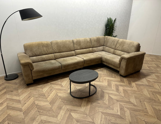 Licht Bruine Suede Lederen Hoekbank ~ Vaste Kussens