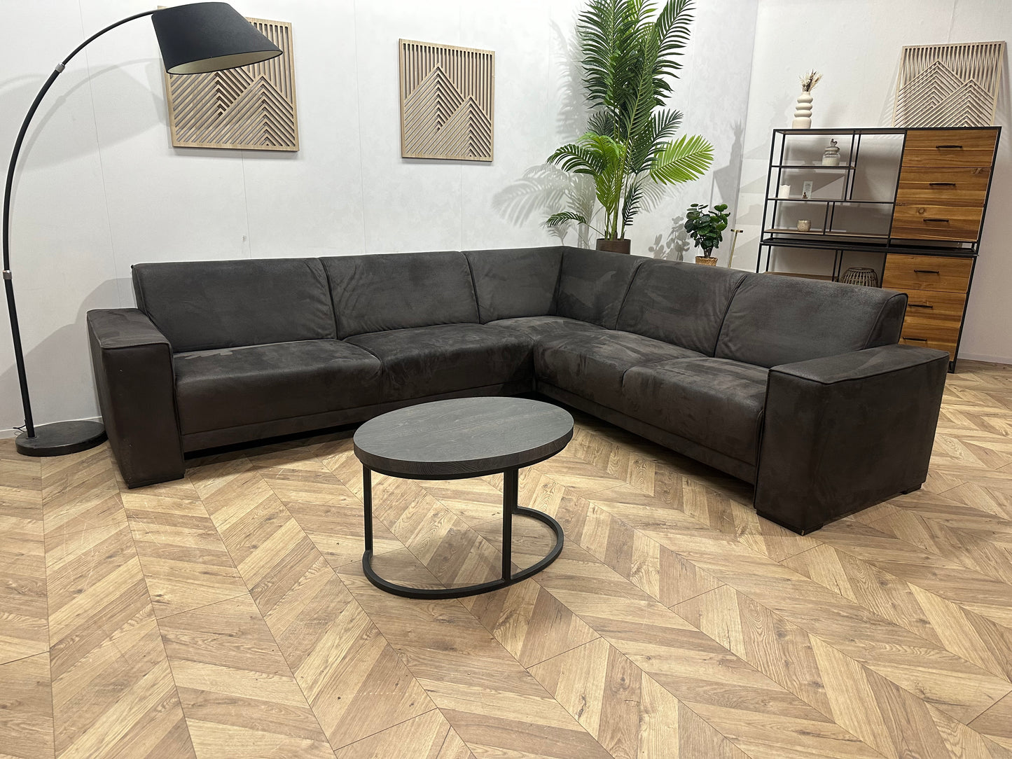 !Showroommodel! Antraciet Suède Stoffen Hoekbank ~ Vaste Kussens