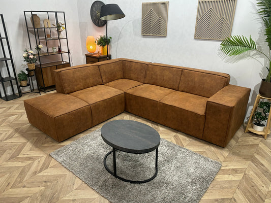 !Showroommodel! Cognac Bruine Suède Stoffen Hoekbank