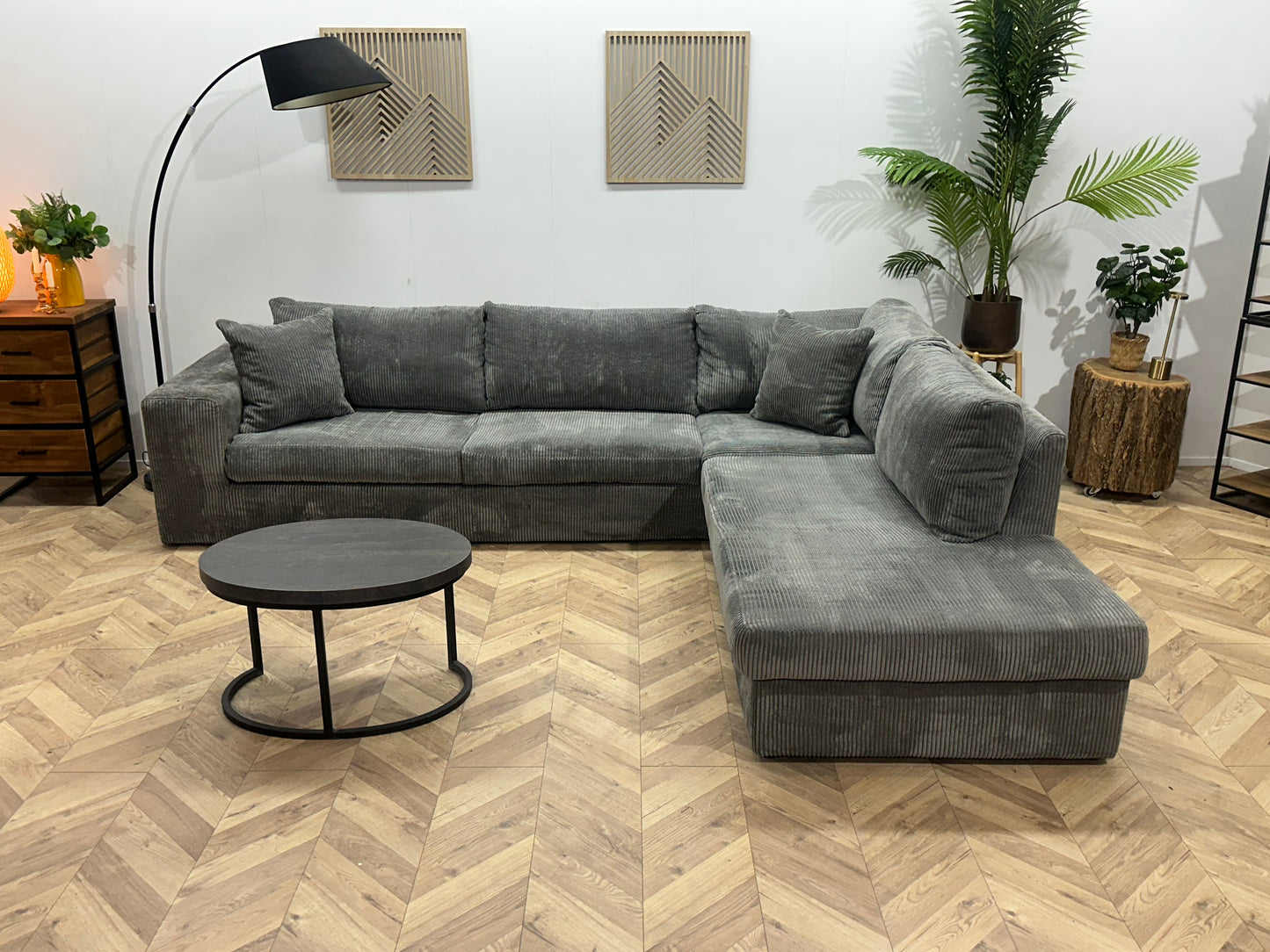 Grijze Ribstof Hoekbank ~ Losse Kussens Met Afneembare Hoezen