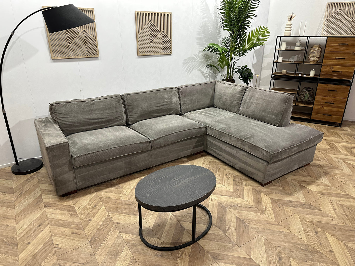 Woood Grijze Ribstof Hoekbank ~ Losse Kussens Met Afneembare Hoezen