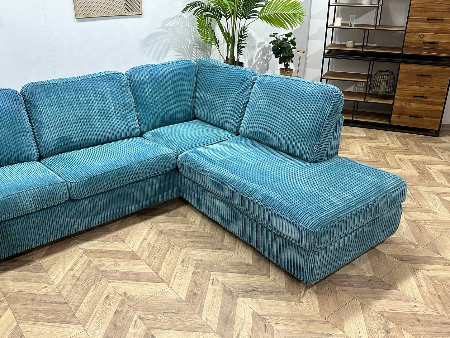 Licht Blauwe Ribstof Hoekbank ~ Losse Kussens Met Afneembare Hoezen