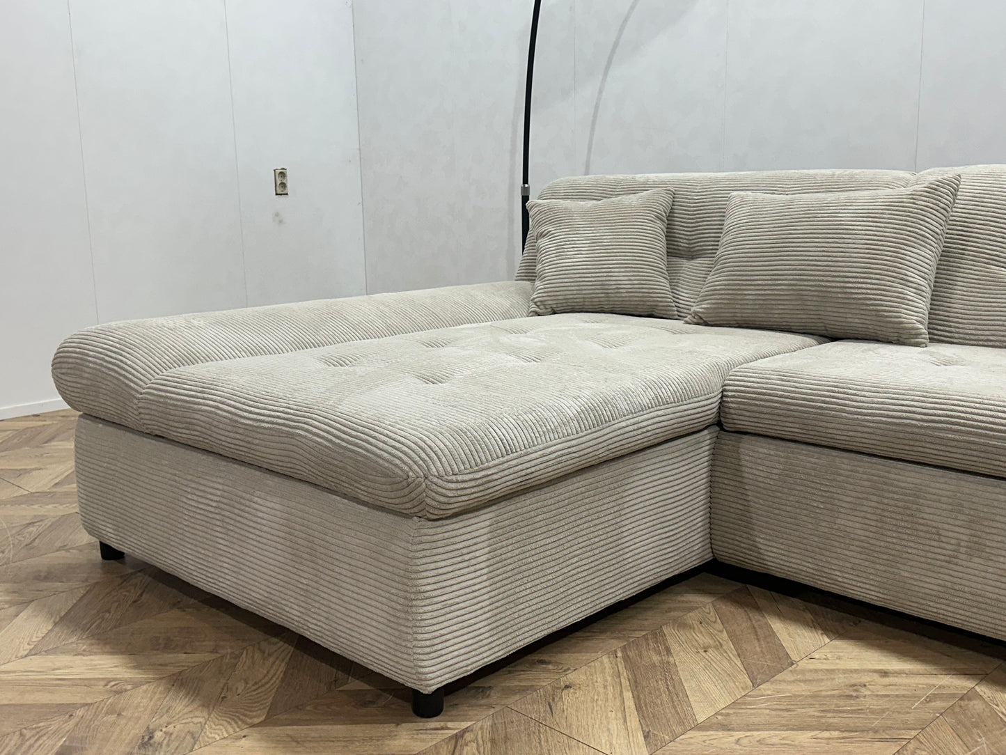 !Showroommodel! Crème Ribstof Hoekbank ~ Slaapfunctie ~ Opbergruimte