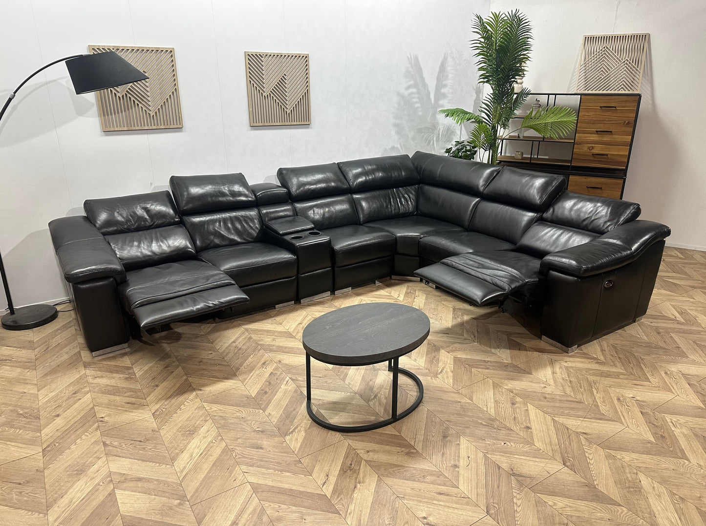 Zwart Echt Lederen Ruime Hoekbank ~ Relaxfunctie ~ Kleine Opbergruimte ~ Verstelbare Hoofdsteunen