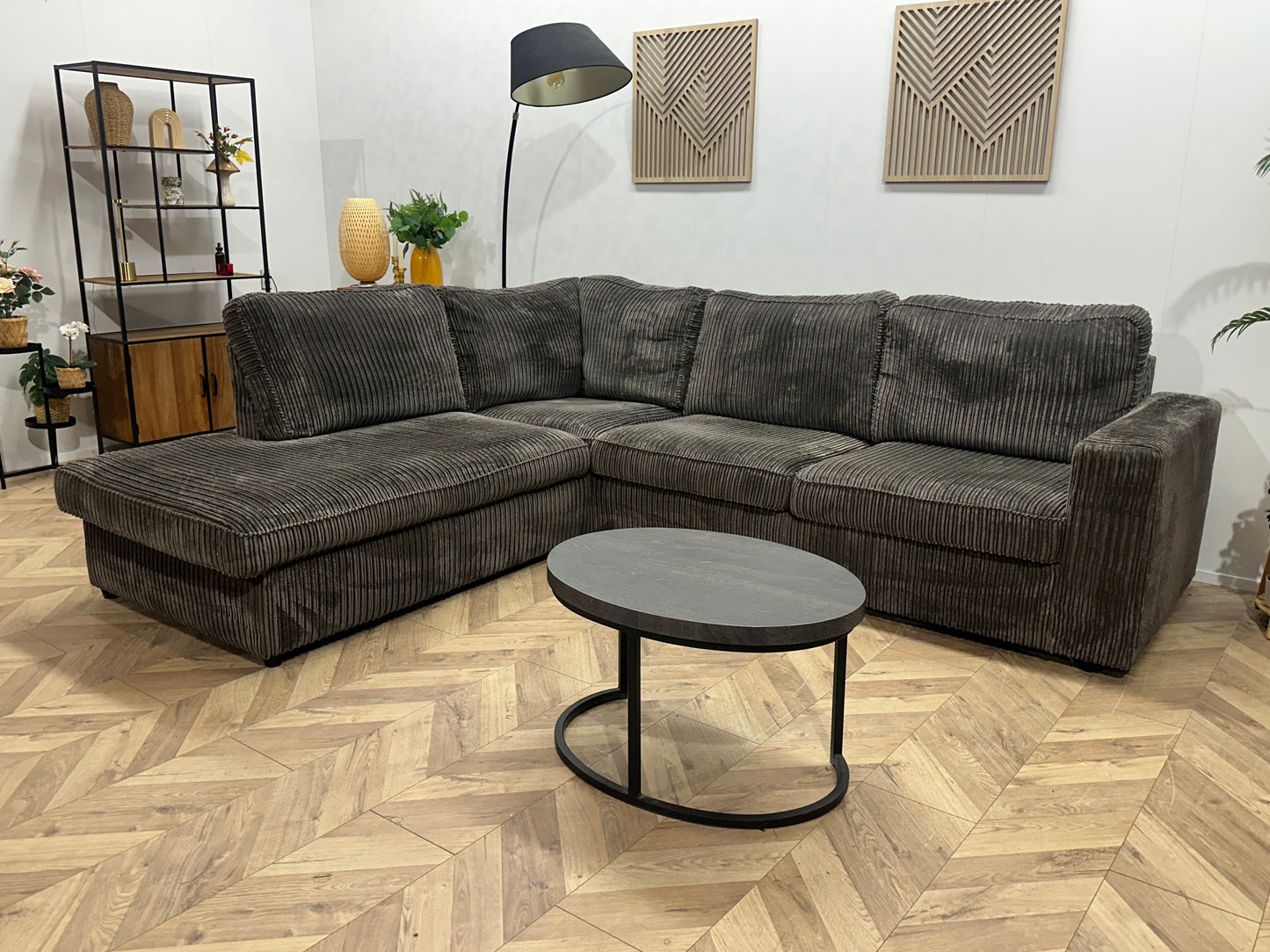 Grijze Ribstof Hoekbank ~ Losse Kussens Met Afneembare Hoezen