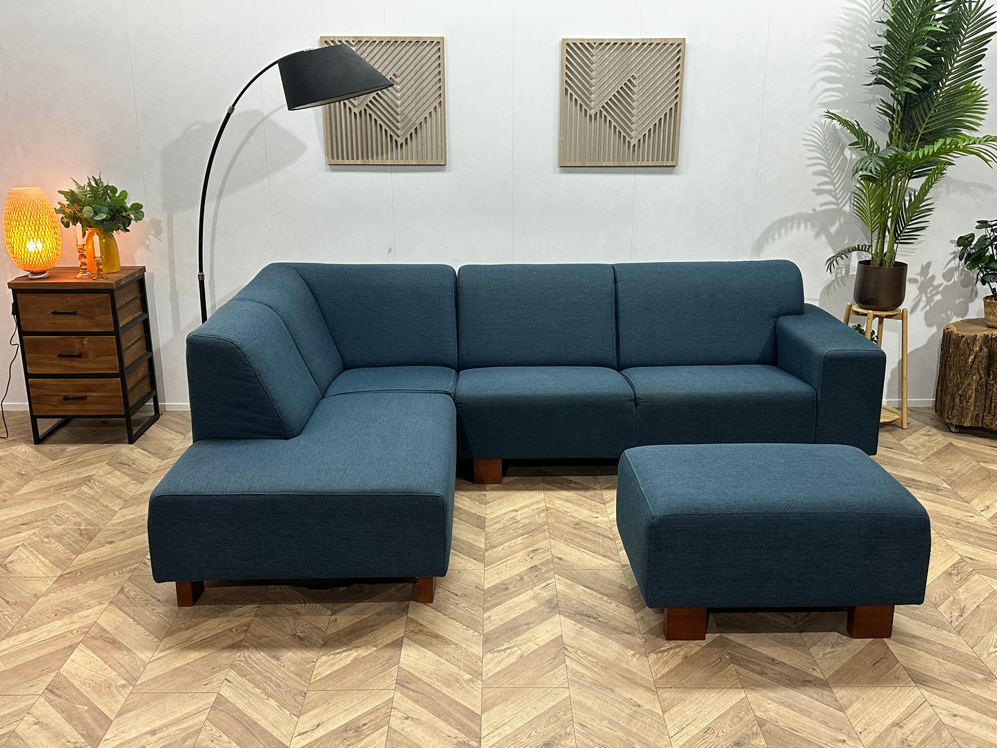 Blauwe Hoekbank Inc Hocker ~ Vaste Kussens