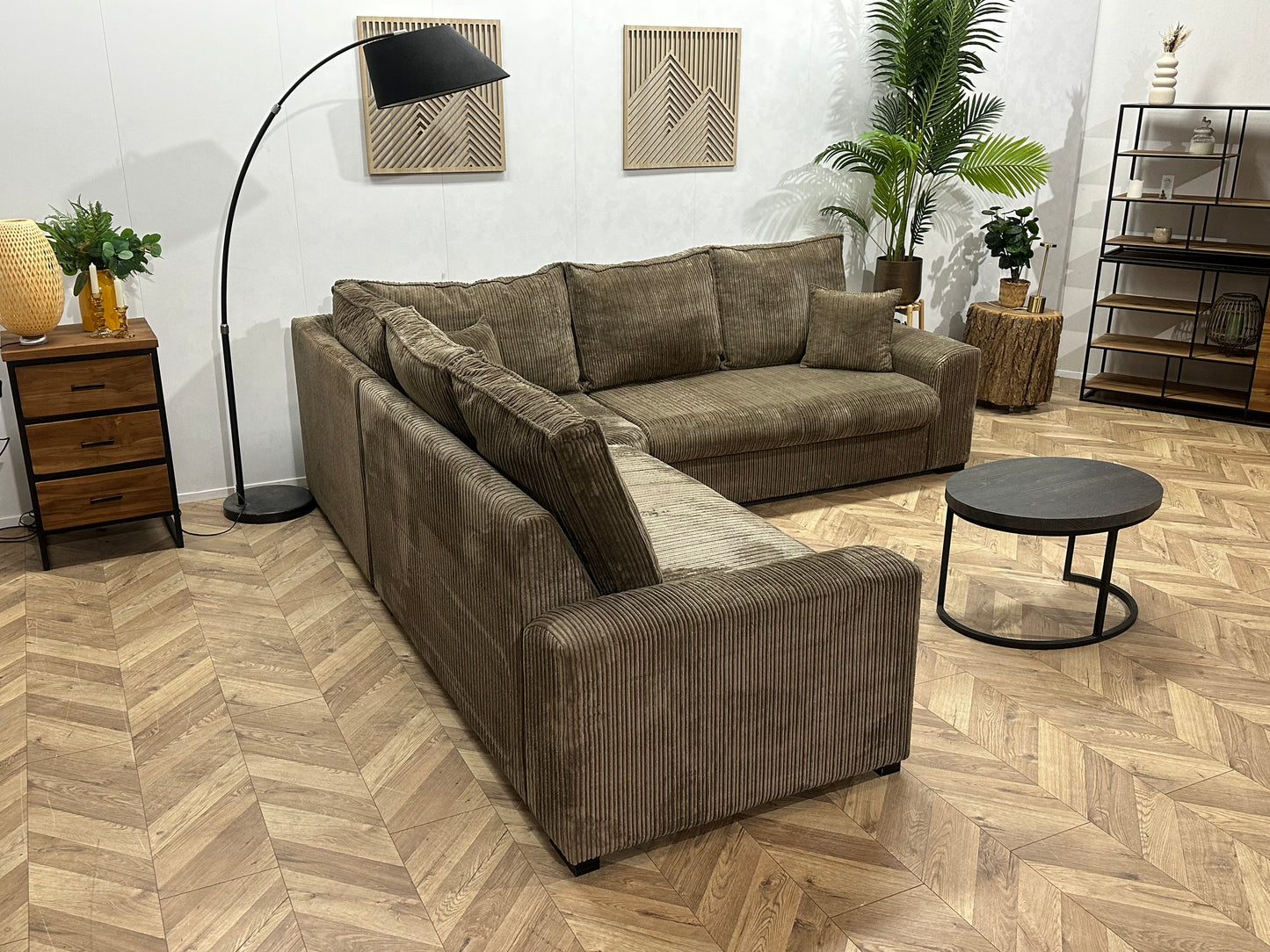 Bruine Ribstof Hoekbank ~ Losse Kussens Met Afneembare Hoezen