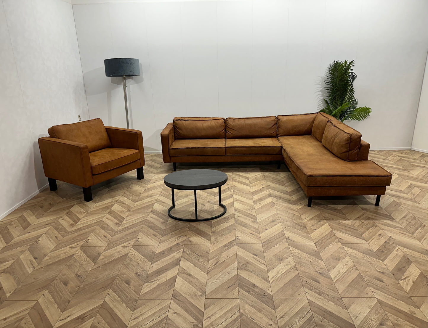 Cognac Bruine Suède Lederen Hoekbank Inc Fauteuil ~ Losse Kussens Met Afneembare Hoezen