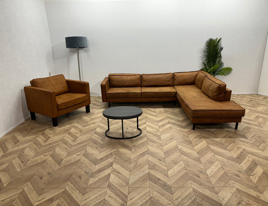 Cognac Bruine Suède Lederen Hoekbank Inc Fauteuil ~ Losse Kussens Met Afneembare Hoezen