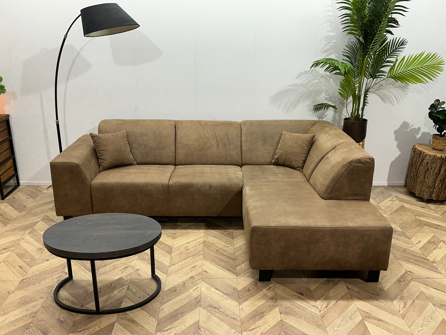 Bruine Suède Lederen Hoekbank ~ Vaste Kussens