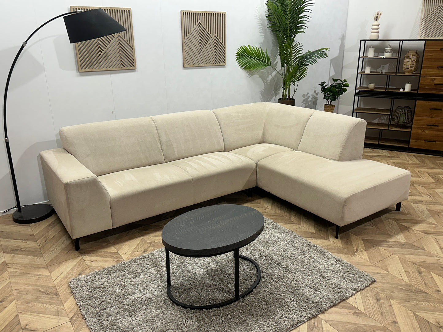 !Showroommodel! Crème Suède Stoffen Hoekbank