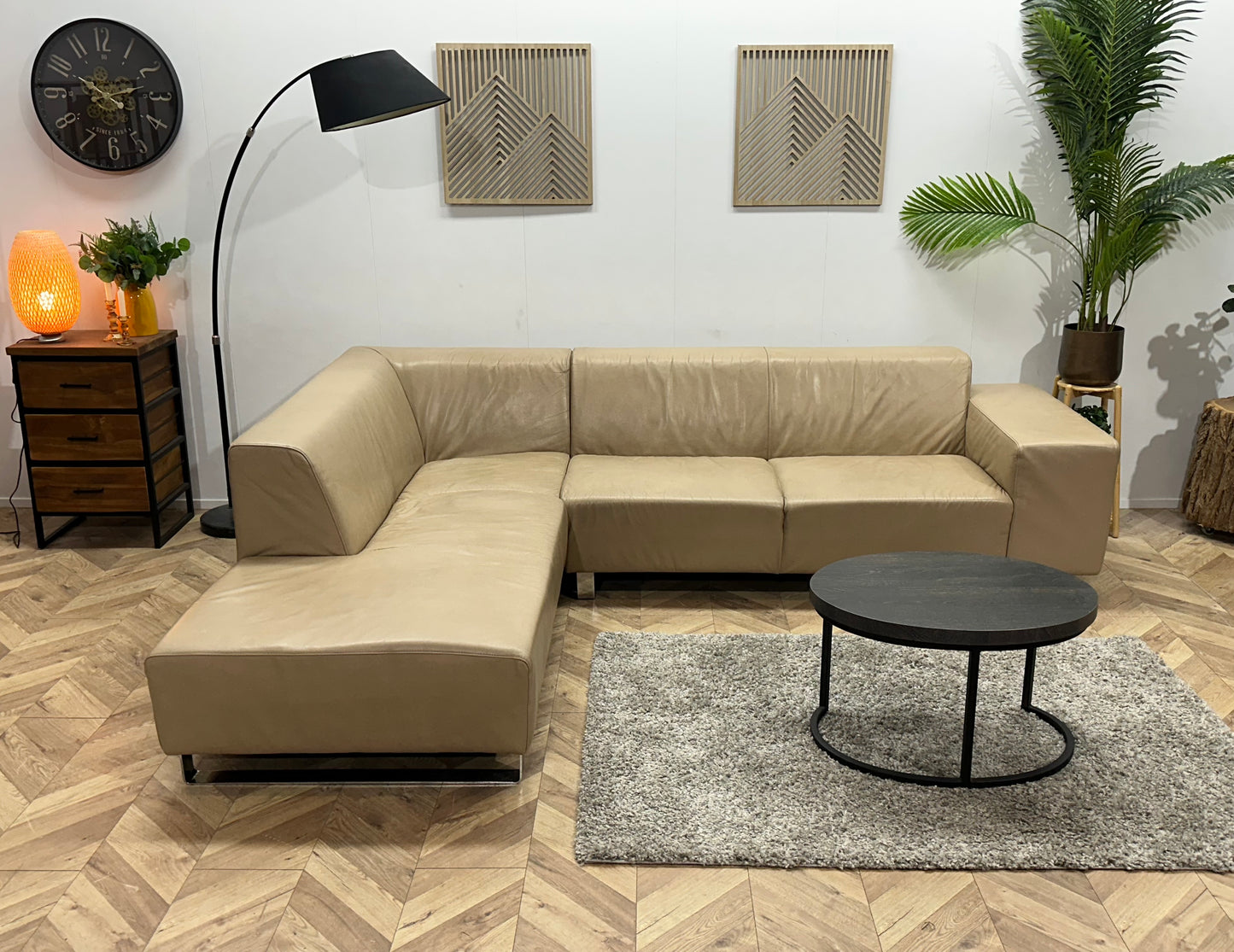 Goossens Crème Echt Lederen Hoekbank ~ Vaste Kussens